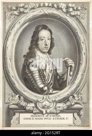 Portrait of Francesco de Medici; Portraits of the family the 'Medici. Portrait in half to the right of Francesco De Medici, son of Cosimo II, with a harness on which a collar and a sash, in an oval surrounded with a laurel wreath. At the bottom of a cartouche a globe on a table, below a tablet under a plinth its name and a line in Latin. Stock Photo