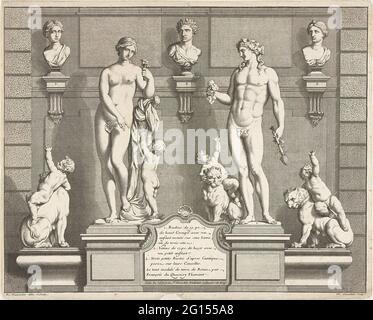 Bacchus and Venus. Illustration for François Girardon image collection catalog. Ensemble from different images. Two images of Bacchus and Venus with children playing. In the background on the wall three antique busts on consoles. Children on lions on either side. Stock Photo