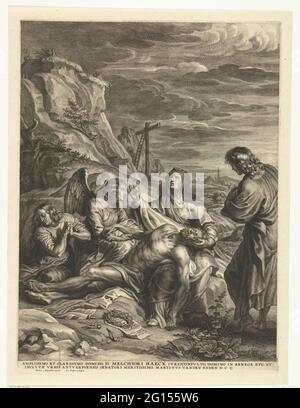 Paid of Christ. The command of Dead Body of Christ by Maria, Maria Magdalena, Johannes and Engel. In the background the Calvarieberg. There is a Latin fresh under the show. Stock Photo