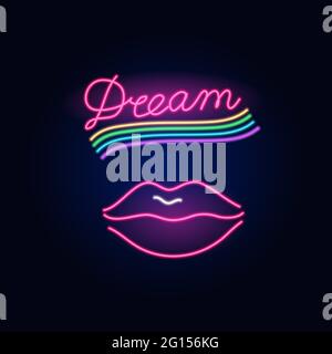 Neon Lips and rainbow. Fashion sign. Night light signboard, Glowing banner. Summer emblem. Female kiss. Club Bar logo on dark background. Stock Vector