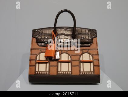 New York, USA. 06th Dec, 2019. A rare Hermes crocodile himalaya birkin is  on display at a press preview for Christie's Luxury Week New York on  Friday, December 06, 2019 in New