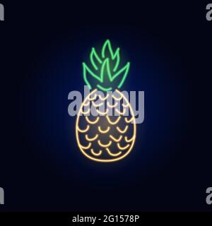 Neon pineapple. Sign and icon. tropical plants, palm trees and leaves. Set of Night bright signboard, Glowing light banner. Summer logo. Editable Stock Vector