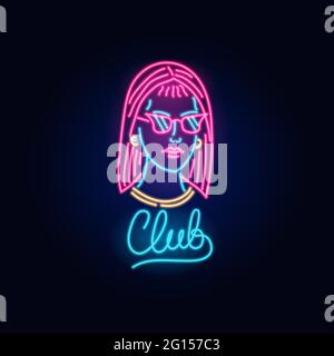 Neon Girl in glasses. Fashion sign. Night light signboard, Glowing banner. Summer emblem. Club Bar logo on dark background. Party woman. Stock Vector