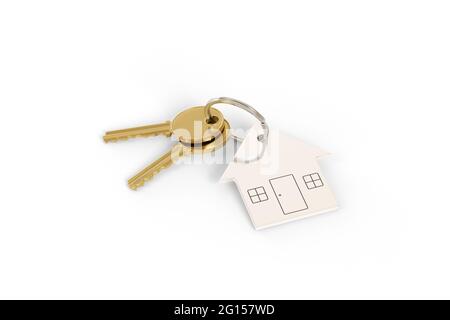 House shaped keychain isolated on white background. 3d illustration. Stock Photo