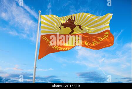 flag of Jacksonville, Florida at cloudy sky background on sunset, panoramic view. Patriotic concept about Jacksonville, Florida and copy space for wid Stock Photo