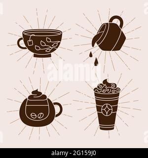 Coffee glass and cup, sunburst or light rays cartoon set. Trendy doodle flat various cups to go, bursting sun rays. Hot chocolate, linear drawing. Different coffee icon collection. Vector illustration Stock Vector