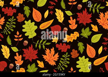 Autumn leaves seamless pattern, hand drawn trendy cartoon textile. Flat rustic doodle leaf paper texture. Fall leave scrapbook wallpaper. Autumn clip art vector on black background Stock Vector