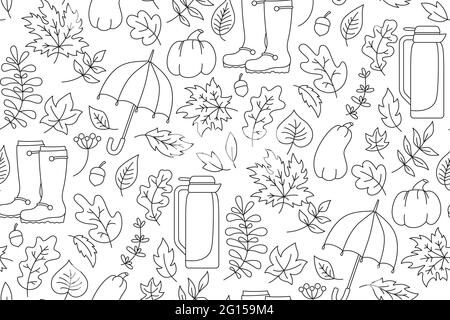 Autumn line seamless pattern leaves, thermos, umbrella leaves, pumpkin. Hand drawn trendy cartoon textile. Flat rustic doodle leaf paper texture. Fall leave scrapbook wallpaper. Autumn clip art vector Stock Vector