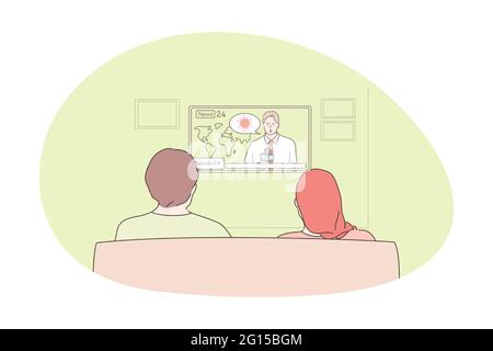 Watching television, programs, news, weather forecast concept. People man and woman sitting on sofa and watching television program about weather and news worldwide at home. Relax, rest, tv show Stock Vector