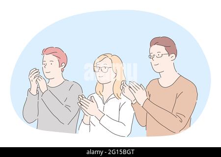 Applauding, support, congratulation concept. Three young positive people cartoon characters standing, looking aside and applauding with hands to partner or colleague. Applause, clapping, approval Stock Vector