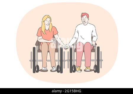 Disabled people on wheelchair living happy active lifestyle concept. Young disabled happy couple cartoon characters in wheelchair sitting and holding hands vector illustration  Stock Vector