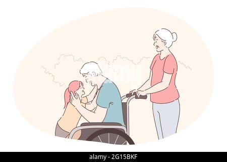 Disabled people on wheelchair living happy active lifestyle concept. Smiling disabled elderly man grandfather cartoon character in wheelchair embracing his granddaughter with loving wife behind  Stock Vector