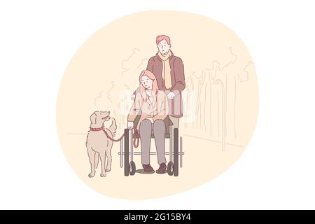 Disabled people on wheelchair living happy active lifestyle concept. Smiling young disabled woman cartoon character in wheelchair walking dog outdoors in park with loving boyfriend behind  Stock Vector