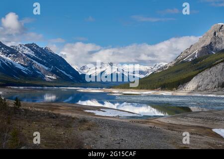 Spray Lakes with very low water levels, Kananaskis Country, Alberta, Canada Stock Photo