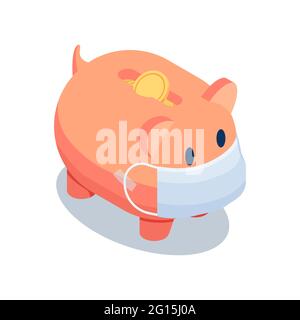Flat 3d Isometric Piggy Bank Wearing Medical Face Mask on White Background. Financial Crisis and Money Saving During Covid-19 Pandemic. Stock Vector