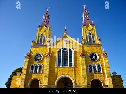 Colorful exterior of Castro Cathedral, Chiloé Island, Chile Stock Photo