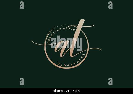 AT handwriting logo with circle template vector signature, wedding, fashion, floral and botanical with creative template. Stock Vector