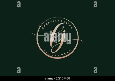 KJ handwriting logo with circle template vector signature, wedding, fashion, floral and botanical with creative template. Stock Vector