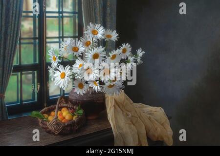 Still life with splendid bouquet and fruits Stock Photo - Alamy