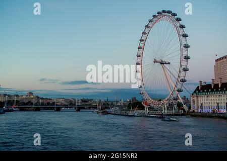 London, England - October 18 2016: London cityscape encompassing the London Eye, River Thames and County Hall Stock Photo