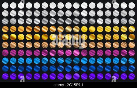 Big set of metallic color gradients. Gold, bronze, silver, blue, violet and purple texture gradation background collection. Set of gradient colors. Stock Vector