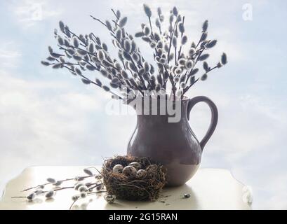 Spring's still life with bouquet of willow branches Stock Photo