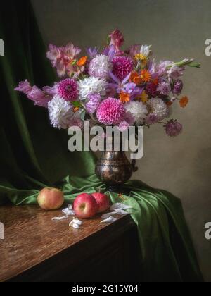 Still life with splendid bouquet and fruits in the interior Stock Photo ...
