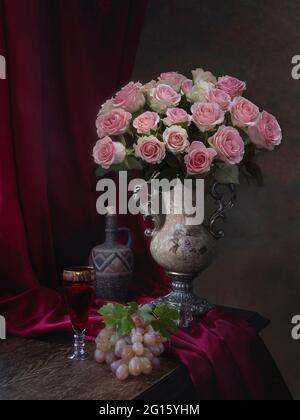 Still life with splendid bouquet and fruits in the interior Stock Photo ...