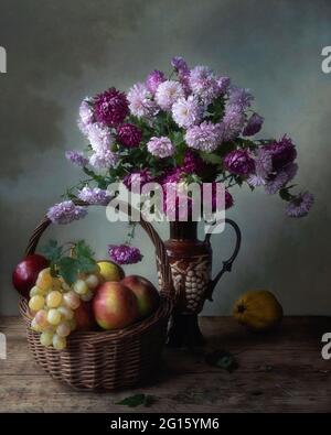 Still life with splendid bouquet and fruits in the interior Stock Photo ...