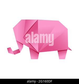 Paper origami shape - elephant, pink. The Japanese art of folding paper figures is a hobby, needlework. Stock Vector