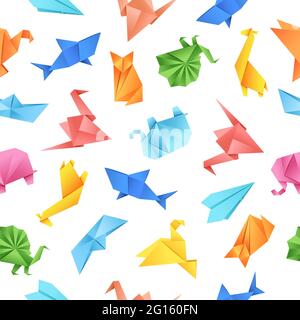 Origami paper shape seamless pattern on white background. Vector illustration for fabrics, textiles, wrapping paper. Bright, positive wrapper. Stock Vector