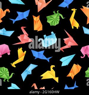 Origami paper shape seamless pattern on black background. Vector illustration for fabrics, textiles, wrapping paper. Bright, positive wrapper. Stock Vector