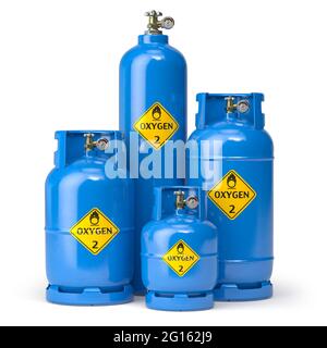 Oxygen gas tanks containers and cilinders of different size isolated on white. 3d illustration Stock Photo