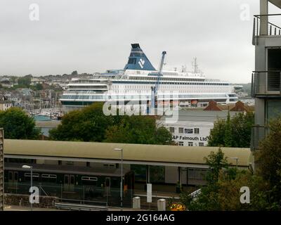 Falmouth UK, Falmouth Docks, G7 Cruise liner arrives to house 1,500 police officers of the 6,500 drafted from across the UK to Cornwall to provide security for the leaders of the seven advanced nations invited to attend. The Cruise ship MS Silja Europa is owned by Finnish operator Tallink and belongs to their Silja Line. It is one of the worlds largest Roll on roll off cruiseferrys.   5th June 2021. Credit: Robert Taylor/Alamy Live News Stock Photo