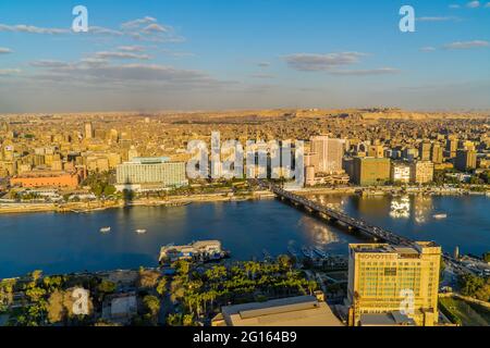 Aerial panorama sunset view of the Nile River and downtown Cairo seen from Cairo Tower Stock Photo