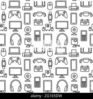 Black and white outline seamless pattern of the digital devices and gadgets. Stock Vector
