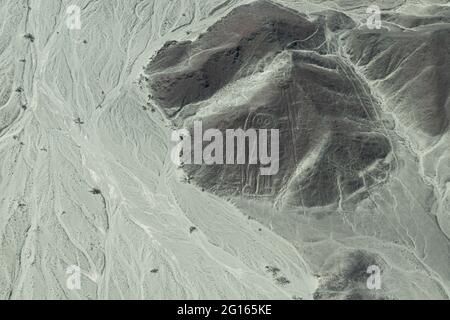 Aerial View of The Astronaut or Owlman Geoglyph at the Nazca Lines in Peru Stock Photo