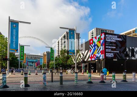 Boxpark, Wembley Park, UK. 5th June 2021. Boxpark on Olympic Way will be hosting fan parks and live screenings of Euro 2020. The tournament starts in 6 days, 11th June 2021. It was postponed by a year as the Coronavirus pandemic hit worldwide in 2020.  Amanda Rose/Alamy Live News Stock Photo