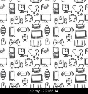Line cartoon seamless pattern of the digital devices and gadgets. Stock Vector
