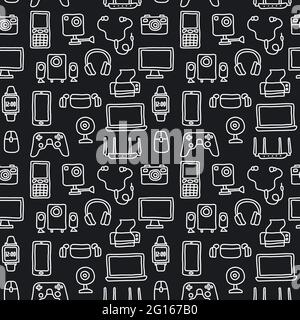 Black and white cartoon seamless pattern of the digital devices and gadgets. Stock Vector