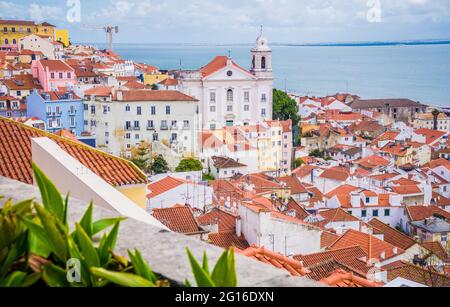Panoramic aerial view old traditional city of Lisbon with red roofs, Saint Vicente de Fora Monastery view, Alfama district. Portugal Stock Photo