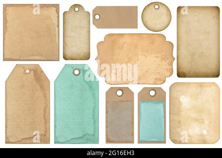 Used paper label tag sticker. Vintage style card isolated on white background Stock Photo
