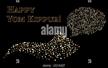 Shofar Yom Kippur greeting card, vector illustration. Golden sparkle confetti on black background. Jewish holiday prayer horn. Random polka dots. Stock Vector