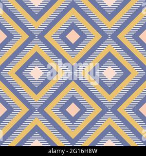 Abstract geometry in retro colors, diamond shapes geo pattern. Seamless vector pattern. Navy blue, mustard yellow and coral pink background. Fashion f Stock Vector