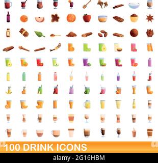 100 drink icons set. Cartoon illustration of 100 drink icons vector set isolated on white background Stock Vector