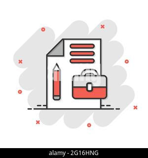 Document note with pen icon in comic style. Paper sheet pencil and briefcase cartoon vector illustration on white background. Notepad document splash Stock Vector