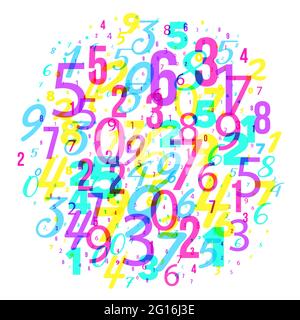 Mathematics background - different numbers in random pattern. Colorful school pattern for children. Multicolor math background for kids. Abstract vect Stock Vector