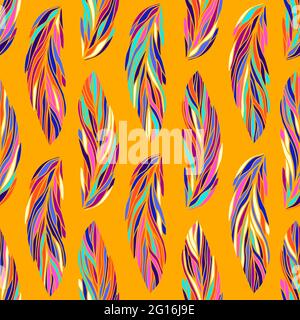 Colorful exotic tropical bird feathers, seamless vector pattern. Different multicolor feathers vector illustration, boho style. Yellow orange festive Stock Vector