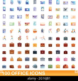 100 office icons set. Cartoon illustration of 100 office icons vector set isolated on white background Stock Vector