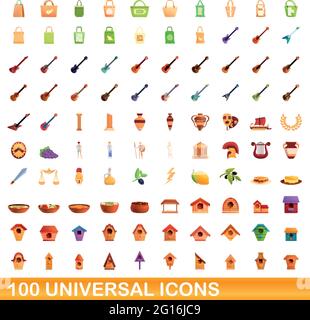 100 universal icons set. Cartoon illustration of 100 universal icons vector set isolated on white background Stock Vector